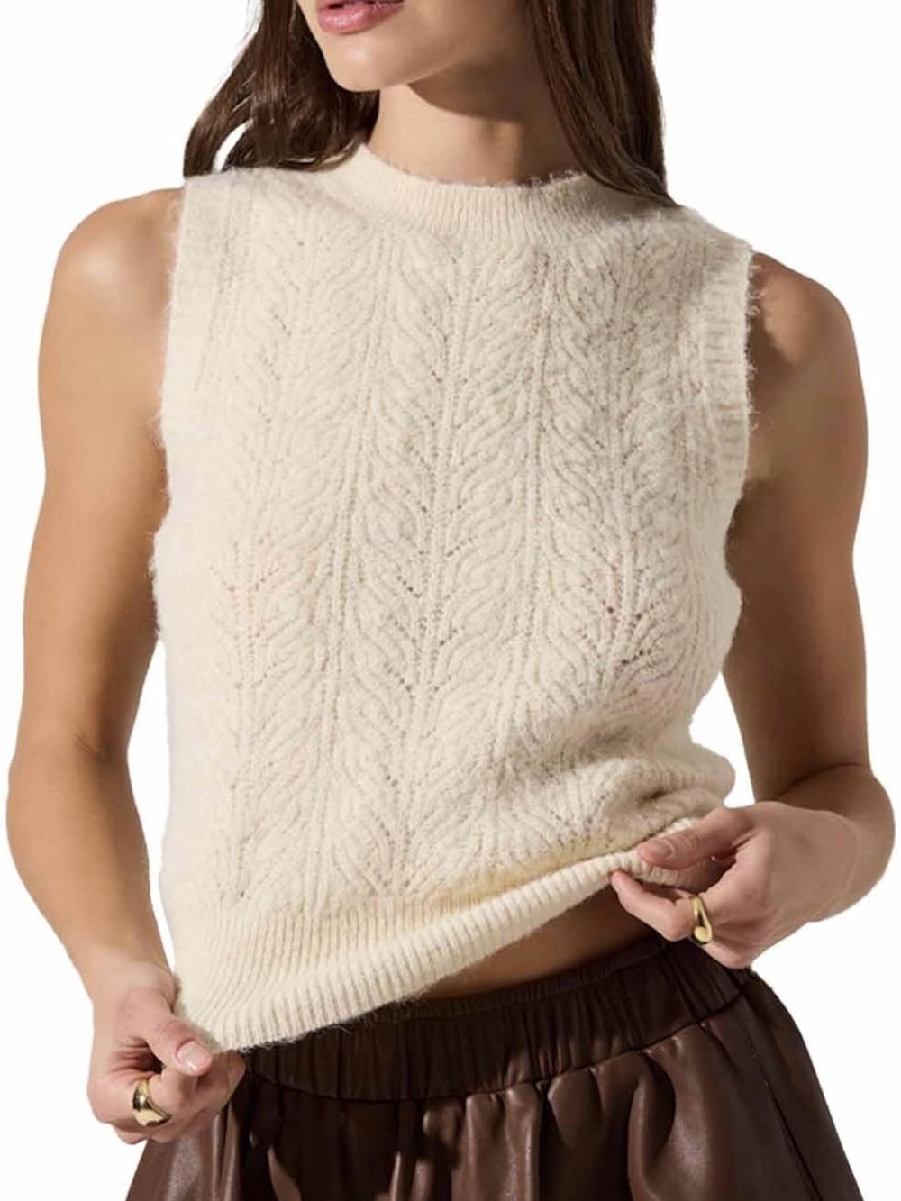 Astr the Label Cream Cable-Knit Sleeveless Crewneck Sweater Vest Elevated